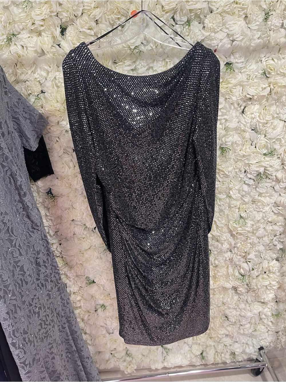 R&M Richards Black Sequin Cowl Neck Batwing Dress